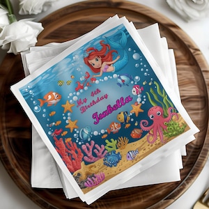 Mermaid birthday party napkins, kids ocean theme napkins, personalized napkins, under the sea birthday decor, children party favors