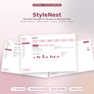 May include: A digital business manager software interface titled StyleNest for beauty and wellness professionals. The dashboard displays calendar, booking, client, loyalty, invoicing, inventory, and report modules with pink and white colour schemes.