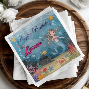 Mermaid Theme Birthday Napkins, Kids Birthday Party Supplies, Under the Sea Party Decor, Ocean Birthday Decorations, Pack of 10