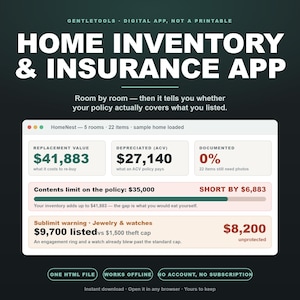 May include: A digital home inventory and insurance app interface displayed on a dark background. The screen shows data for 5 rooms and 22 items, including replacement values, depreciated amounts, contents limits, and sublimit warnings for jewelry.
