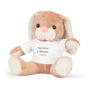 Personalized plush bunny toy with name and date, Custom stuffed animal gift for kids and friends, Customized birthday plushie