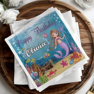 Mermaid Birthday Napkin, Underwater Party Decor, Kids Birthday Napkin, Sea Theme Birthday, Happy Birthday Napkin, Party Supplies