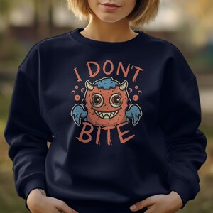 Grappig monster T-shirt, "Ik bijt niet" citaat, schattig cartoon wezen T-shirt, unisex grafisch shirt, casual streetwear, cadeau voor alle leeftijden