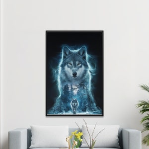 Majestätisches Wolf-Kunstposter, mystischer Waldwolf-Druck, beleuchtetes Wolf-Dekor, ätherisches Tierkunstwerk, spirituelle Wolf-Wandkunst