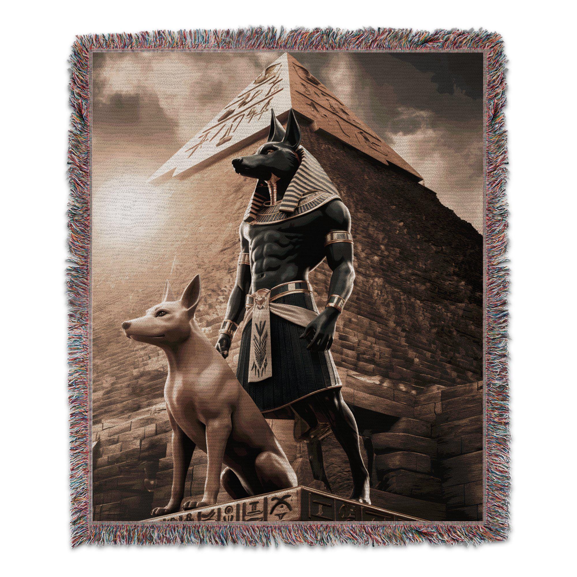 Anubis Egyptian God Woven Blanket With Pyramid Design, Ancient