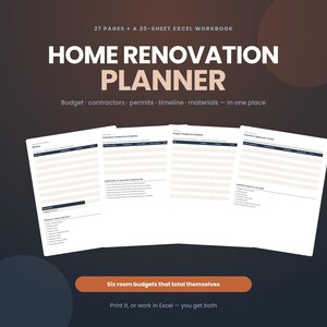 Pode incluir: Um planejador de reforma residencial com 27 páginas e uma pasta de trabalho do Excel com 20 planilhas. O documento inclui seções para orçamento, empreiteiros, licenças, cronograma e materiais em quatro páginas brancas com tabelas escuras.