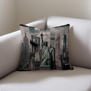 Custom woven pillow, New York City skyline design, Statue of Liberty decor, unique cityscape home decor, skyline art throw pillow