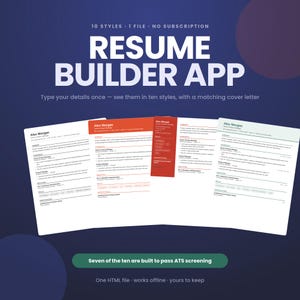 Resume Builder App | 10 Resume Templates with ATS Safe Styles, Matching Cover Letter, Saved Versions | Offline HTML File
