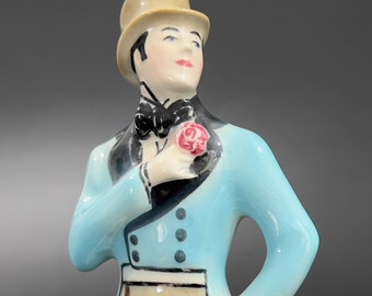 Goldscheider Bachelor Carnation Figurine, Vintage Porcelain Figurine of Gentleman in Blue Coat and Red Carnation, Artist Hand Signed