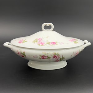 Antique Hanusch & Bernhardt Porcelain Tureen: 1910s Pink Roses Serving Dish
