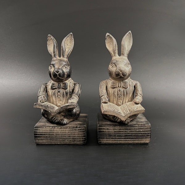 Pair of Vintage Anthropomorphic Rabbit Reading Bookends, Vintage Cast Metal Rabbit Bookends, Vintage Seated Bowtie Rabbits Reading Bookends