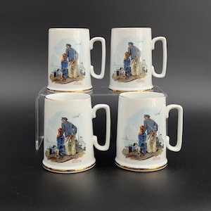 Vintage Set of 4 Norman Rockwell Nautical Mugs, Norman Rockwell Seafarers Coffee Mugs, Norman Rockwell Looking Out to Sea Porcelain Tankards