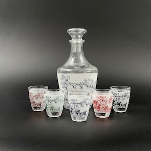Juego de decantador de whisky francés vintage y vaso de chupito: vajilla de toile azul