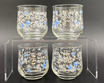 Set of 4 Vintage Old Fashioned Glasses, Arcopal France Old Fashioned Glasses in Romantique Patten, 4 Old Fashioned Glasses with Blue Flowers