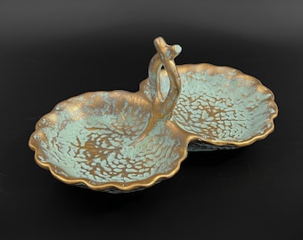 Vintage Stangl Pottery Double Leaf Dish with Handle, Mid-Century Modern Stangl Antique Gold & Turquoise Handled Double Serving Candy Dish
