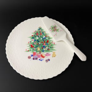 Vintage Weihnachtskuchen Platte & Heber, Mikasa Christmas Spirit Bone China Torte Platte und Heber Set mit Weihnachtsbaum Design, Weihnachtsgeschenk