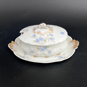 Antique CH Haviland Limoges France Covered Gravy Boat and Attached Plate 1900s Charles Field Haviland Blue & Pink Floral Gravy Boat and Lid