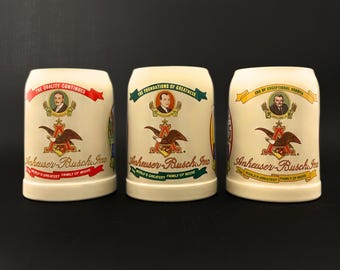 Juego de 3 jarras de cerveza Anheuser Busch vintage, serie de coleccionistas de 1988, 1989 y 1990