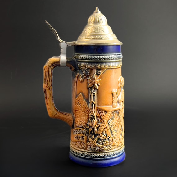 Vintage Gerzit German Beer Stein With Pewter Lid: Cobalt Blue