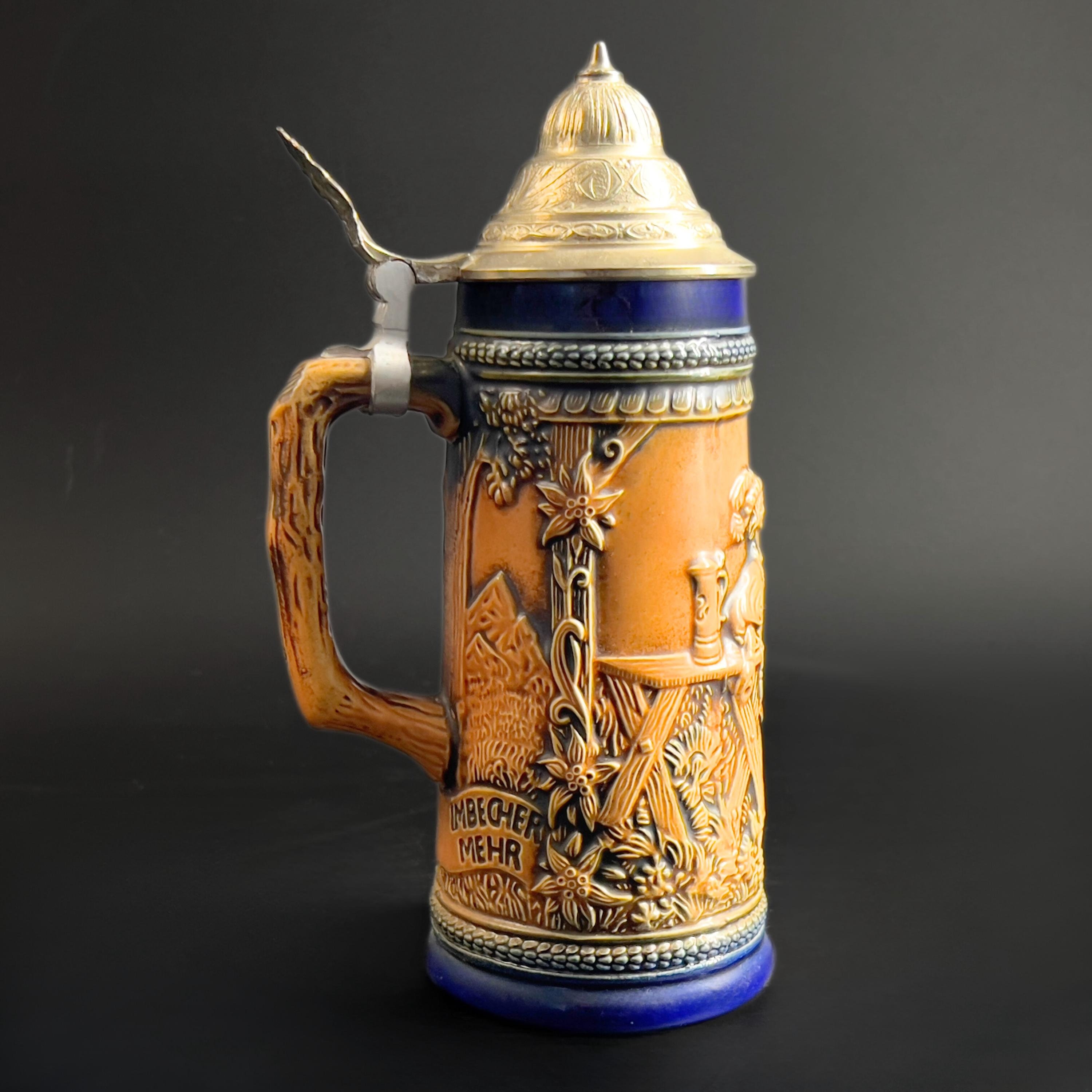 旧西ドイツ ヴィンテージ未使用GUNTHER PAGALIES社 レターライナー Vintage Gerzit German Beer Stein With Pewter Lid: Cobalt Blue