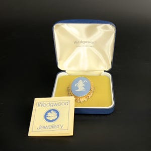 Wedgwood Gift, Wedgwood Cameo Brooch with Original Box & Booklet, Wedgwood Dancing Hour Blue Jasper Cameo with Gold Tone Acanthus Leaf Mount