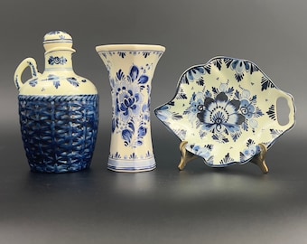 Vintage Delft Blue Collection, Hand Painted Delftware, Delft Decanter with Stopper, Delft Leaf Shaped Trinket Dish, Delft Schoonhoven Vase