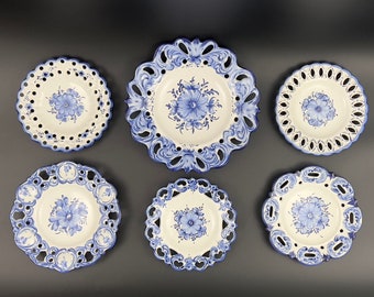 Floral Blue & White Wall Plates, Vestal Portugal Blue and White Reticulated Plates, Alcobaca Hand Painted Blue and White Wall Hanging Plates