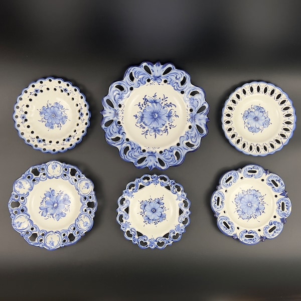 Floral Blue & White Wall Plates, Vestal Portugal Blue and White Reticulated Plates, Alcobaca Hand Painted Blue and White Wall Hanging Plates