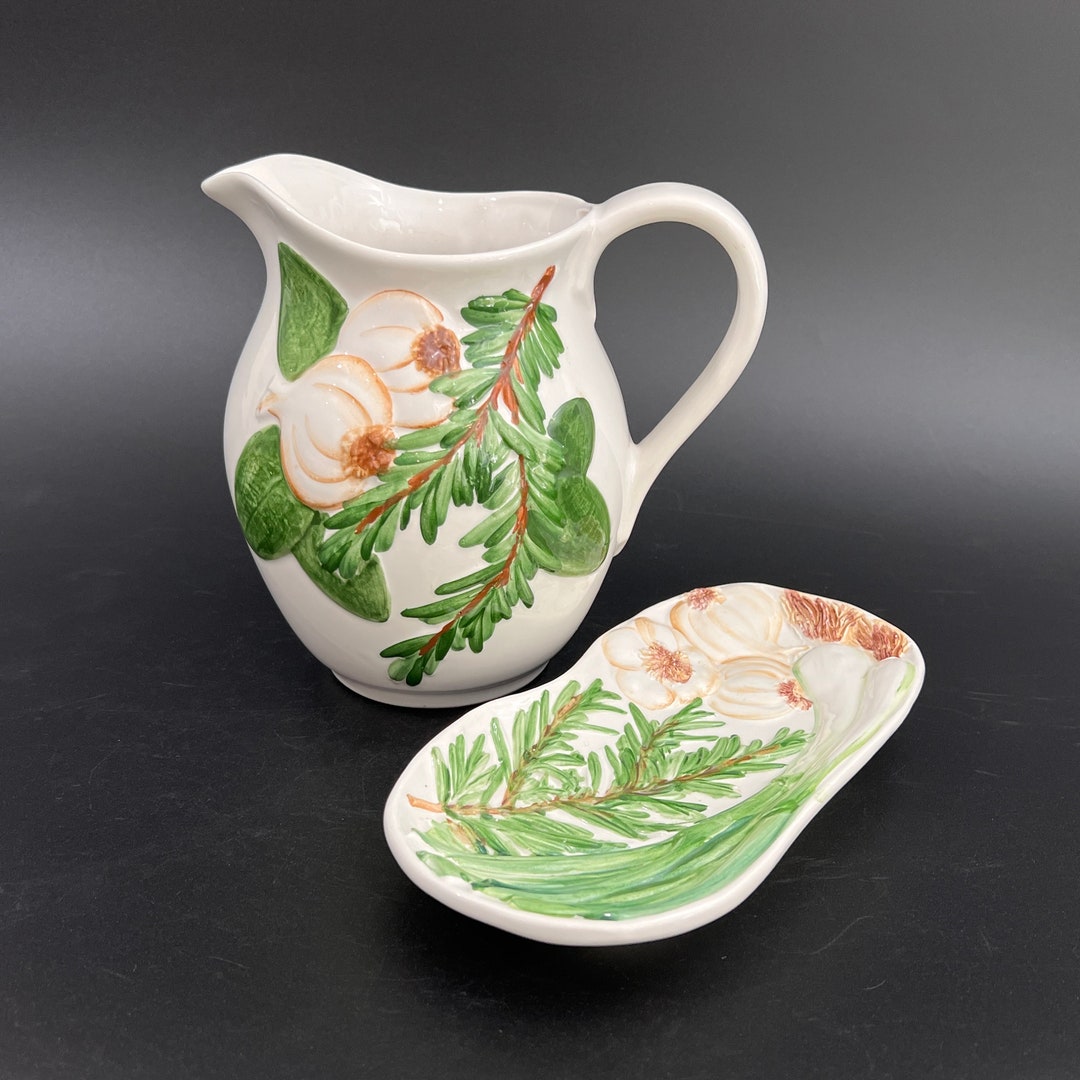 Vintage Italian Hand Painted Pottery Pitcher and Spoon Rest, Matching ...