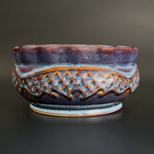Vintage Studio Pottery Bowl, 8" Sculptural Relief Ceramic Bowl, Navy Blue Pottery, Handmade Mid Century Art Pottery Blue Centerpiece Bowl