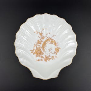 Limoges Muschelförmige Schale mit Gold Phoenix & Blumenmuster, Vintage französische dekorative Porzellanschale, Chamart Frankreich LEC Limoges Muschelschale
