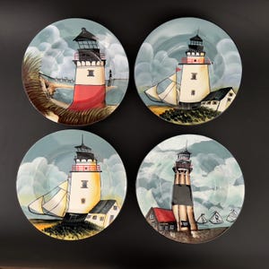 Conjunto de 4 - Lighthouse Bowls por David Carter Brown para Sakura 2001 no padrão "By the Sea", tigelas de cerâmica costeiras, conjunto de tigelas náuticas de 8 polegadas
