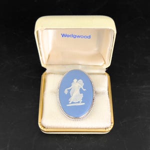 Vintage Wedgwood Blue Jasperware Cameo Brooch: Sterling Silver Dancing Hours, Original Box