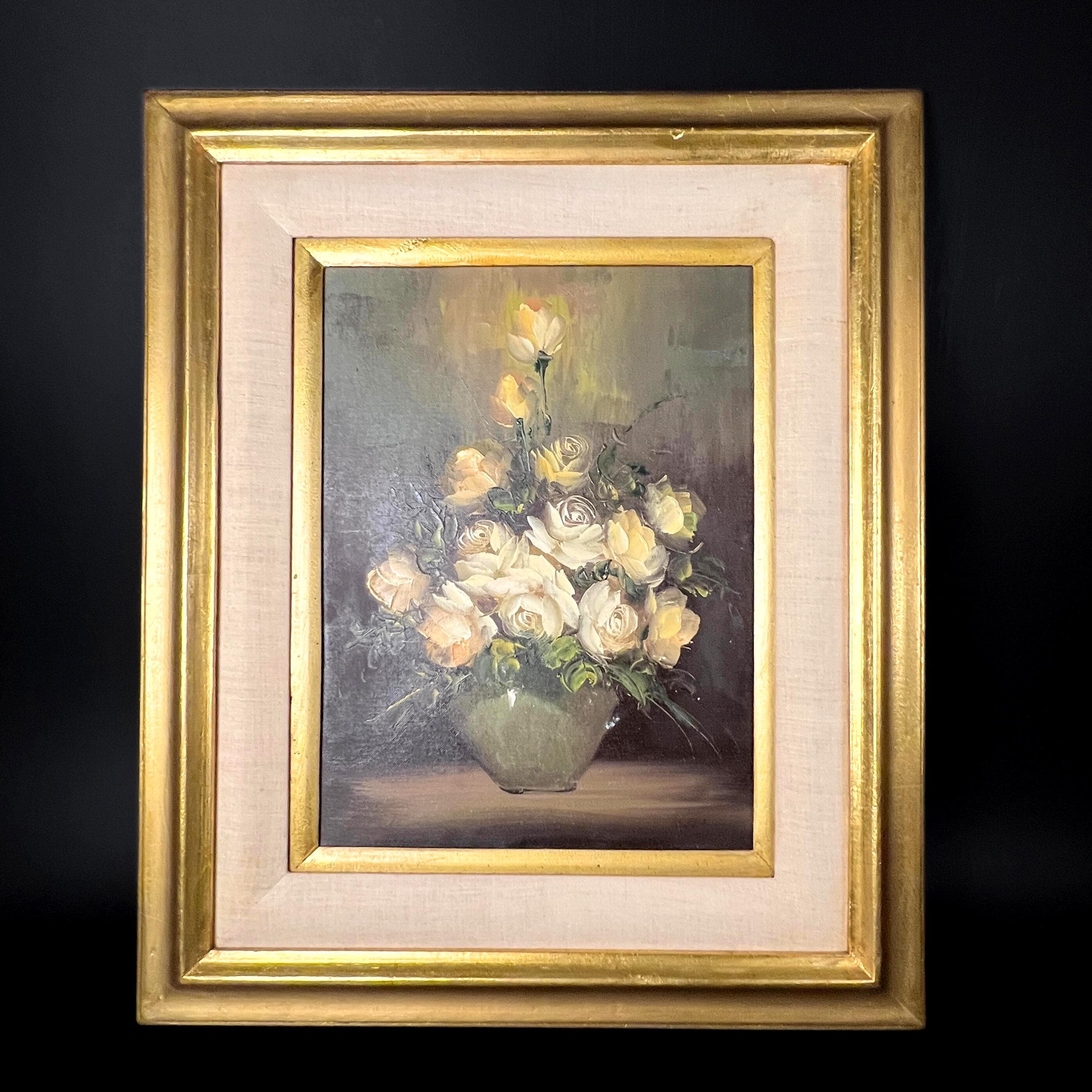 Vintage Floral Oil Painting - Yellow & White Flowers, Ornate Gold Frame
