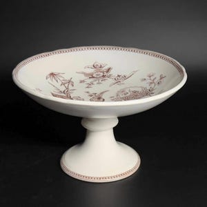 Antique Porcelain Cake Stand, 1878 Thomas Elsmore and Son England, Brown & White Chinoiserie Pedestal Dish, English Victorian Pedestal Bowl