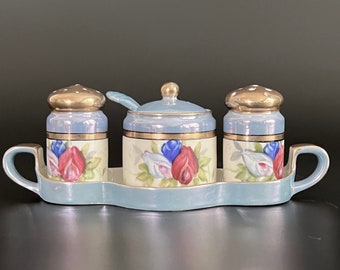 Antique Noritake Lusterware Condiment Set: Hand-Painted Floral Art Deco