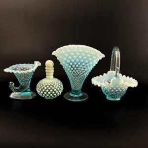 Vintage Fenton Blue Opalescent Hobnail Glass Collection: Vase, Basket, Perfume, Cornucopia