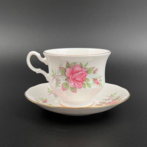 Vintage Queen Anne Bone China Tea Cup and Saucer: Pink Roses, Gold Trim