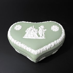 Vintage Wedgwood Green Jasperware Heart Shaped Box, Wedgwood Maiden with Harp Celadon Jasperware Heart Trinket Box, Wedgwood Collector Gift