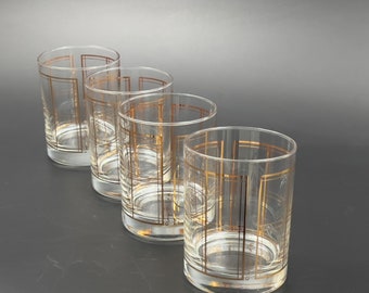 George Briard Double Old Fashioned Glasses, George Briard 22K Gold Plaid Rock Glasses, Set of 4 MCM George Briard Gold Square Rock Glasses