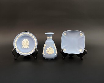 Vintage Wedgwood Blue Jasperware: Vase & Trinket Dishes, Made in England