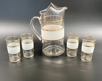 Midcentury Pitcher and Tumblers: Gold Frost Banded Barware Set