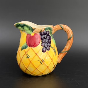 Vintage Majolica Ceramic Fruit Pitcher, Ceramic Pitcher with Fruit Design, Sangria Pitcher, Fruit Juice Pitcher, Decorative Ceramic Pitcher