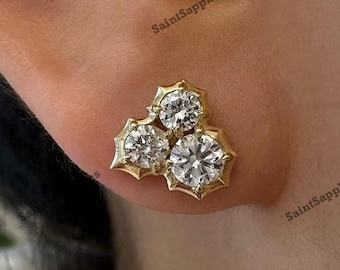 2.00 CTW Round Cut Stud Earring Bezel Set Moissanite Earring Three Stone Moissanite Stud Earring Yellow Gold Diamond Earring Gift For Her