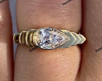 East West Pear Ring Bezel Set Moissanite Ring 1.50 Ct Pear Cut Moissanite Engagement Ring Solitaire Diamond Wedding Ring Vintage Bridle Ring