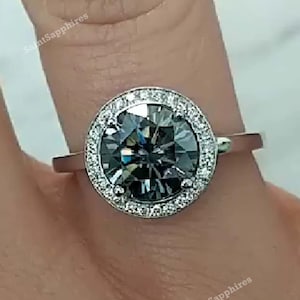 Grey Moissanite Ring Round Halo Engagement Ring 3.00 Ctw Round Cut Dark Gray Moissanite Ring Moissanite Round Diamond Wedding Ring For Women