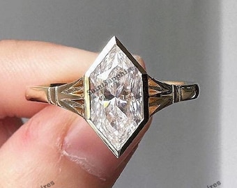 Bezel Set Moissanite Solitaire Ring Dutch Marquise Engagement Ring 2 Ct Dutch Marquise Cut Moissanite Ring Yellow Gold Wedding Diamond Ring