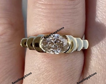 Champagne Moissanite Ring 1.5 Ct Oval Cut Moissanite Ring East West Moissanite Enaggement Ring Bezel Set Champagne Diamond Ring Wedding Ring