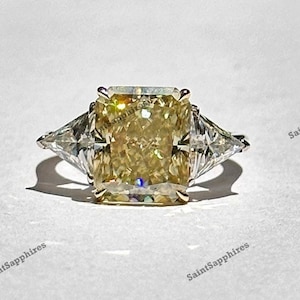 Three Stone Moissanite Wedding Ring Canary Yellow Moissanite Ring 3.00 Ctw Radiant Cut Yellow Diamond Engagement Ring White Gold Bridle Ring