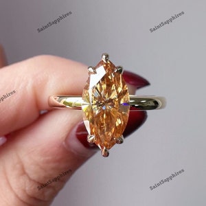 Champagne Moissanite Ring Solitaire Marquise Cut Champagne Diamond Ring 1.7 Ct Fancy Color Wedding Ring Yellow Gold Bridle Ring Promise Ring
